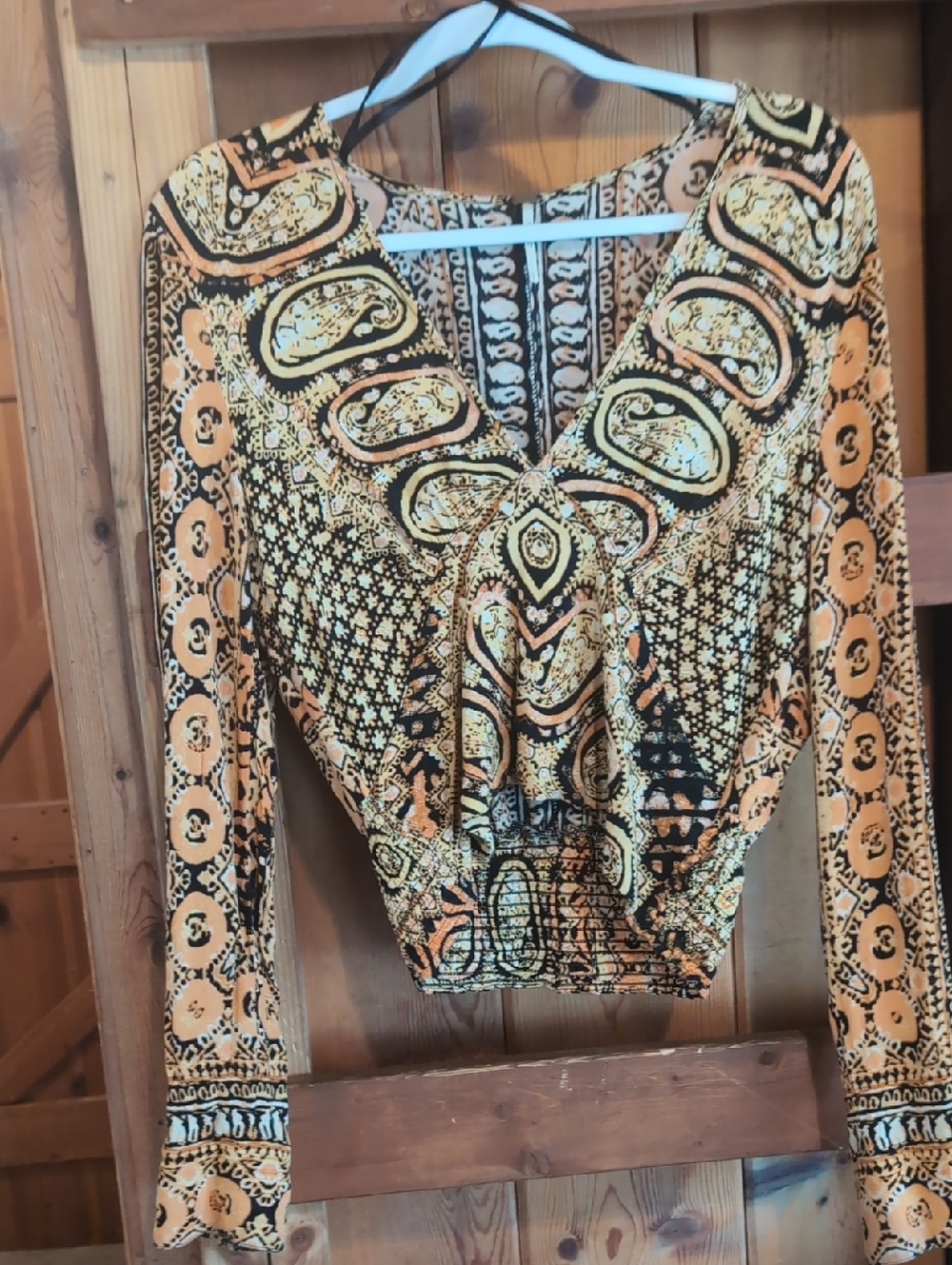 Free People V-Neck Boho Print Long Sleeve Top - Orange/Black